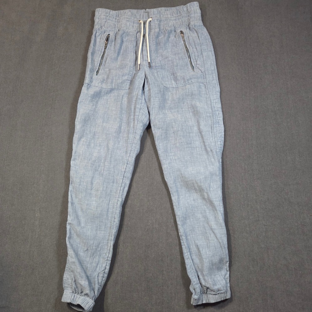 Athleta Cabo Linen Jogger Womens 0 Blue Smocked Waist Zipper Pockets